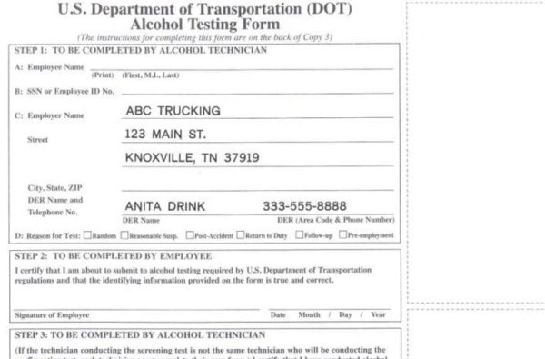 Imprinted DOT <br/>Alcohol Test Form